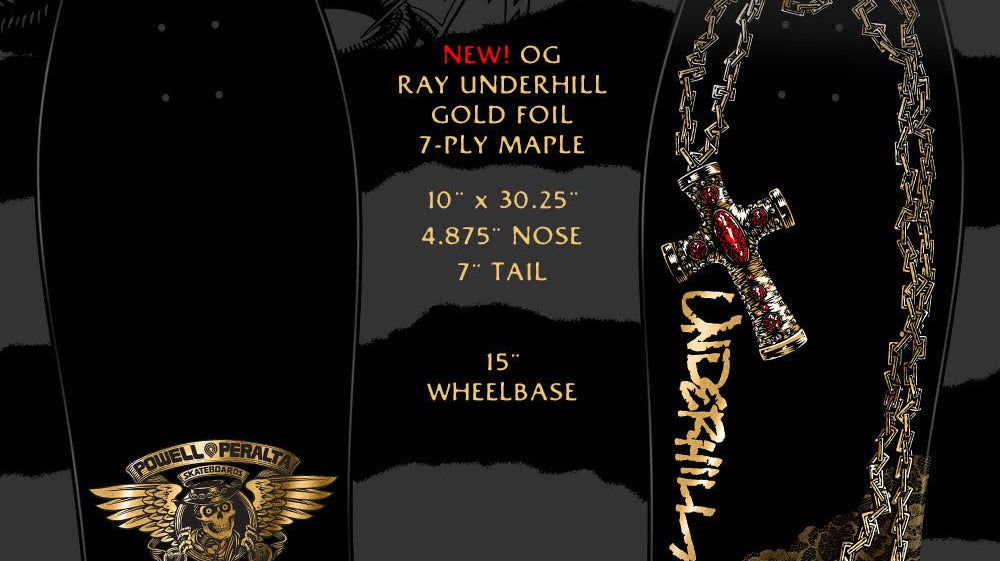 Pre-Order Now: Powell-Peralta Ray Underhill Chain & Cross 10" Gold Foil Skateboard Deck - SkateTillDeath.com
