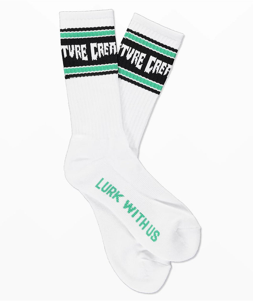 Creature Lurk With Us White & Green Crew Socks - SkateTillDeath.com