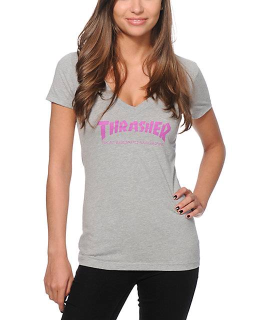 Girls Thrasher Mag Logo V-Neck T-Shirt(Gray) - SkateTillDeath.com