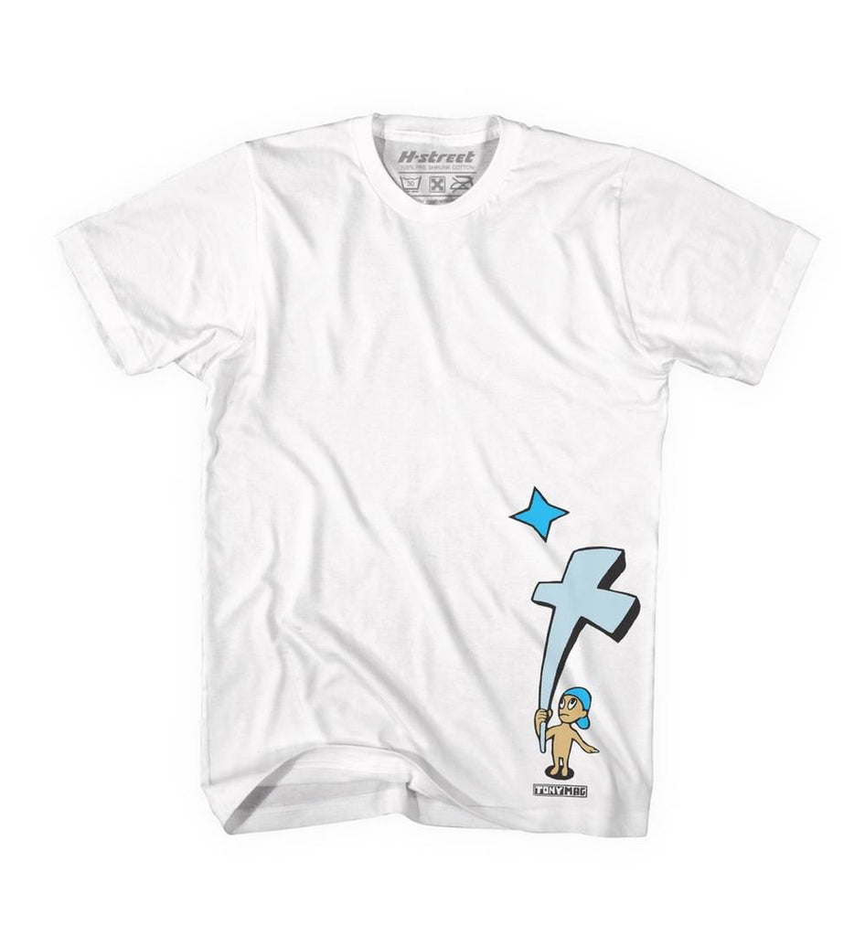 T-Shirt H-Street White W/Blue Graphic, T-MAG KID AND CROSS - SkateTillDeath.com